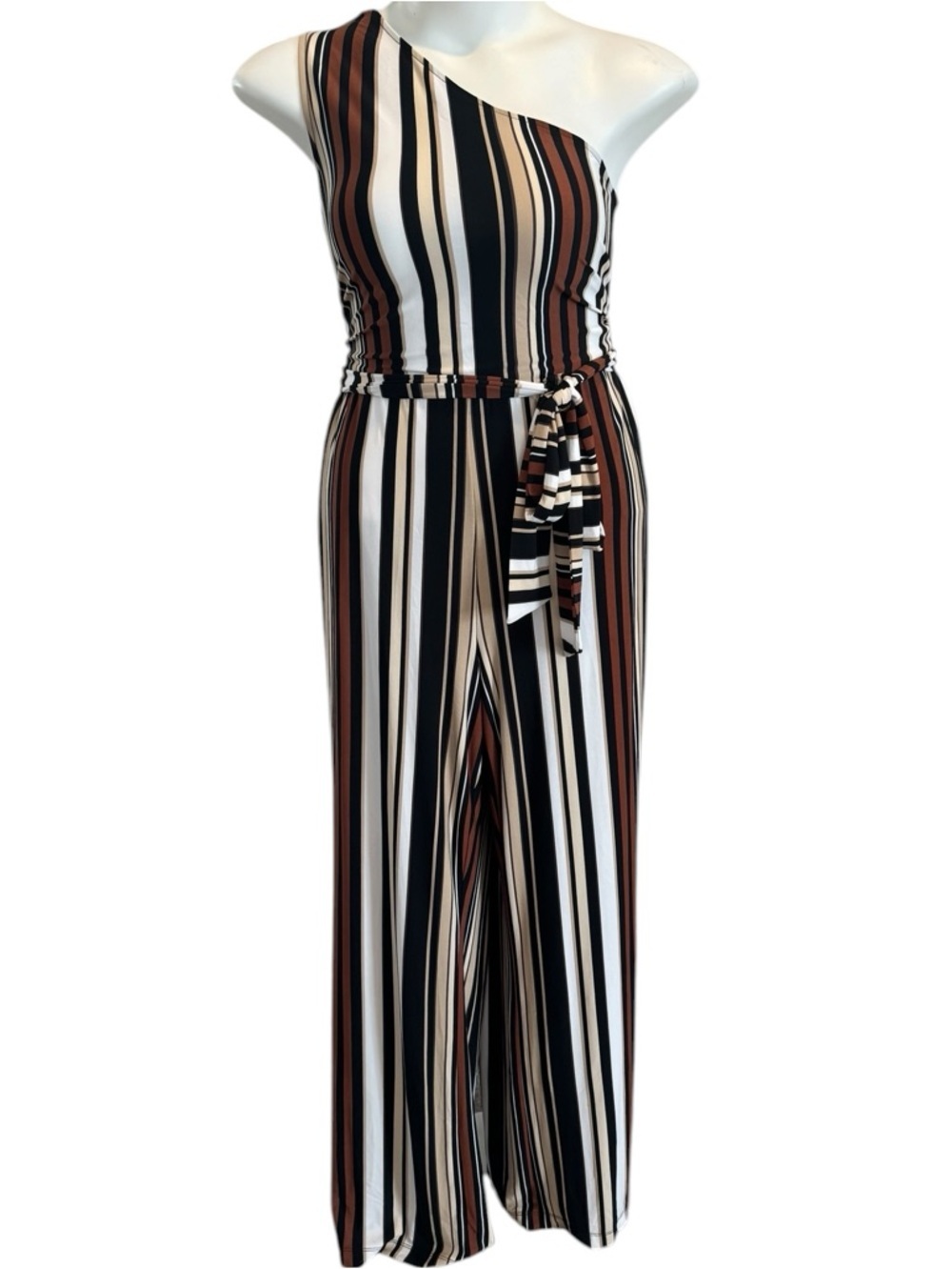 New York and Co. black brown, white tan striped one shoulder jumpsuit pockets XL - Picture 2 of 10